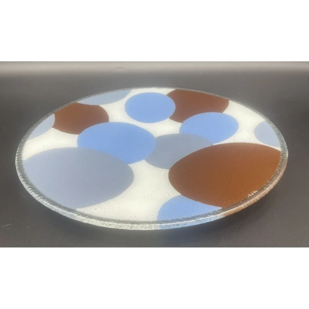 Fused Art Glass Modern Round BLUE GRAY WHITE‎ BROWN Platter 13.75” Signed